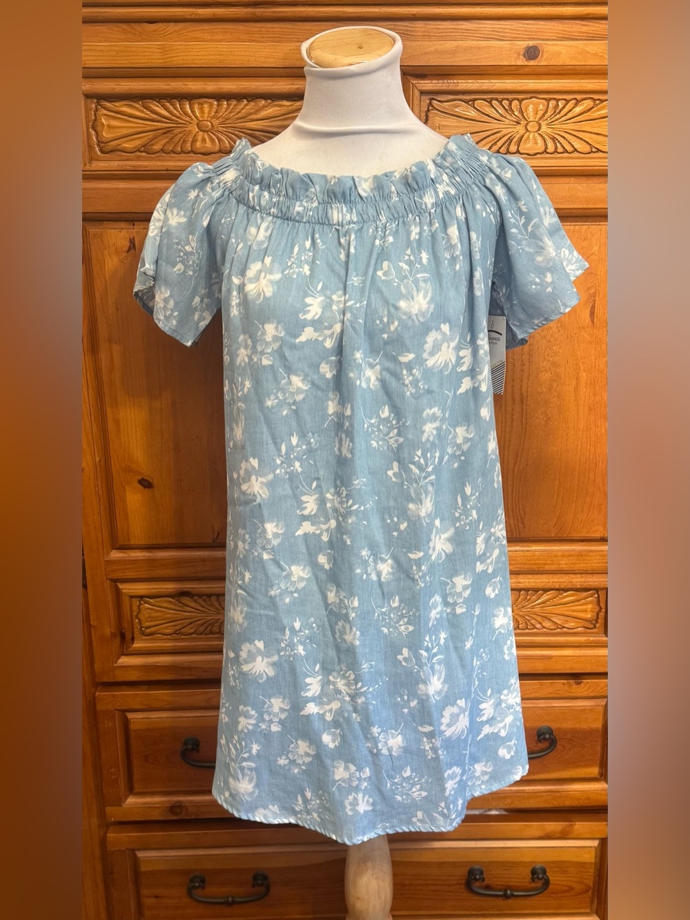 Peppermint Light Blue and White Floral Off-Shoulder Mini Dress